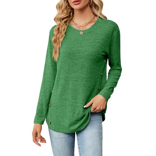 Einfarbiger Langarmshirt Damen Rundhalsausschnitt Gestricktes Pullover mit Knopfdetail Casual T-Shirt Lockere Passform Tops Tunika Oberteile Damen Herbst S-XXL von Heersan