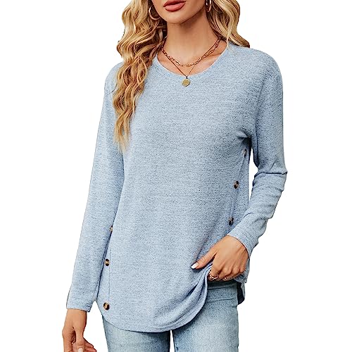 Einfarbiger Langarmshirt Damen Rundhalsausschnitt Gestricktes Pullover mit Knopfdetail Casual T-Shirt Lockere Passform Tops Tunika Oberteile Damen Herbst S-XXL von Heersan