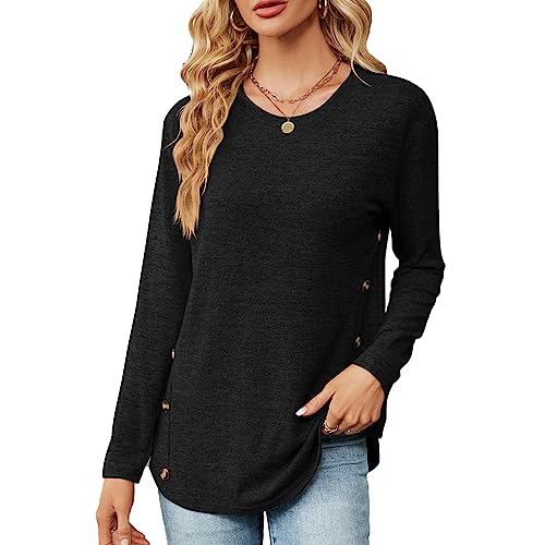 Einfarbiger Langarmshirt Damen Rundhalsausschnitt Gestricktes Pullover mit Knopfdetail Casual T-Shirt Lockere Passform Tops Tunika Oberteile Damen Herbst S-XXL von Heersan