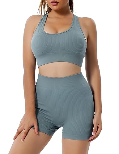 Heersan 2 Teilig Trainingsanzug Damen, Nahtlose Gerippt Sport-BH und Hohe Taille Leggings Gym Kleidung Set, Frauen Yoga Outfit Freizeitanzug Sportswear, Jogginganzug Pilates Zumba Tennis Sportanzüge von Heersan