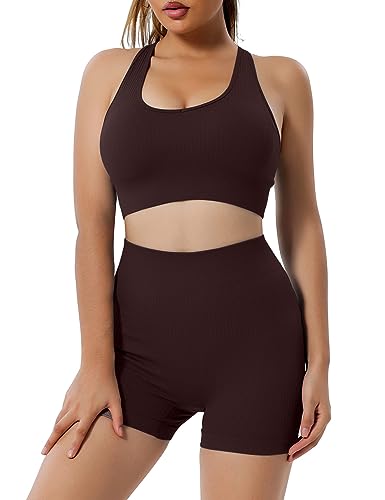 Heersan 2 Teilig Trainingsanzug Damen, Nahtlose Gerippt Sport-BH und Hohe Taille Leggings Gym Kleidung Set, Frauen Yoga Outfit Freizeitanzug Sportswear, Jogginganzug Pilates Zumba Tennis Sportanzüge von Heersan