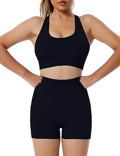 Heersan 2 Teilig Trainingsanzug Damen, Nahtlose Gerippt Sport-BH und Hohe Taille Leggings Gym Kleidung Set, Frauen Yoga Outfit Freizeitanzug Sportswear, Jogginganzug Pilates Zumba Tennis Sportanzüge von Heersan