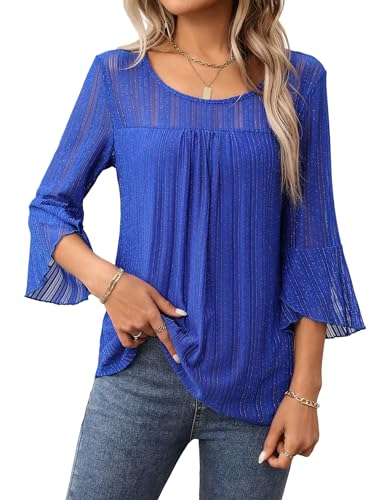 Heersan Bluse Damen 3/4 Ärmel Blusenshirt Elegant Oberteil Rundkragen Hemden Doppellagig Mesh Tops Weite Blusen Tunika von Heersan