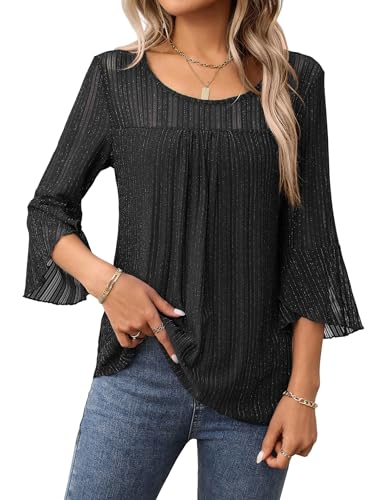 Heersan Bluse Damen 3/4 Ärmel Blusenshirt Elegant Oberteil Rundkragen Hemden Doppellagig Mesh Tops Weite Blusen Tunika von Heersan