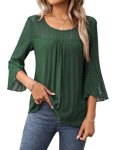 Heersan Bluse Damen 3/4 Ärmel Blusenshirt Elegant Oberteil Rundkragen Hemden Doppellagig Mesh Tops Weite Blusen Tunika von Heersan