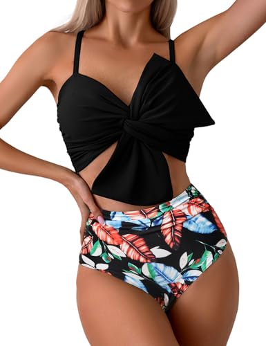 Heersan Sexy Push Up Damen Bikini Sets Hoher Taille Zweiteiliger Badeanzug Bauchkontrolle Bademode Blumenmuste Swimsuit von Heersan