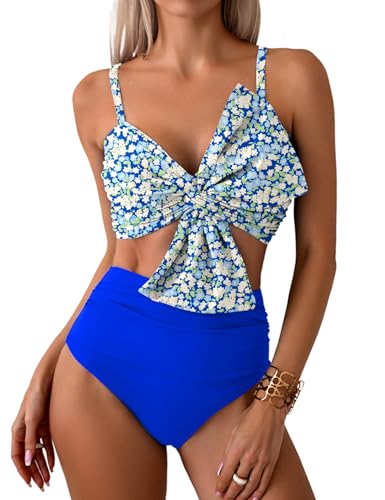 Heersan Sexy Push Up Damen Bikini Sets Hoher Taille Zweiteiliger Badeanzug Bauchkontrolle Bademode Blumenmuste Swimsuit von Heersan