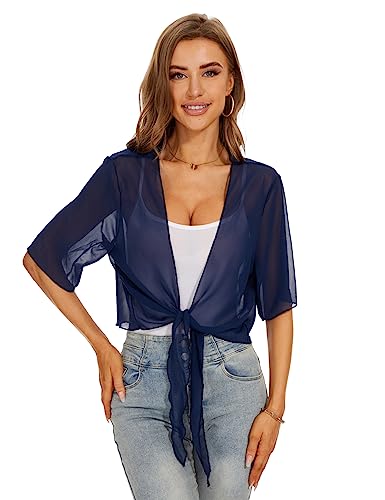 Heersan Damen Bolero Chiffon 3/4 Ärmel Elegant Kurze Cardigan Sommer Leicht Transparent Offene Strickjacke Oberbekleidung Cardigan zum Zubinden Sommerjacke für Party und Hochzeit von Heersan