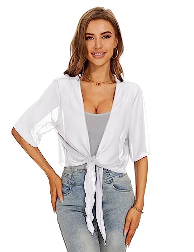 Heersan Damen Bolero Chiffon 3/4 Ärmel Elegant Kurze Cardigan Sommer Leicht Transparent Offene Strickjacke Oberbekleidung Cardigan zum Zubinden Sommerjacke für Party und Hochzeit von Heersan