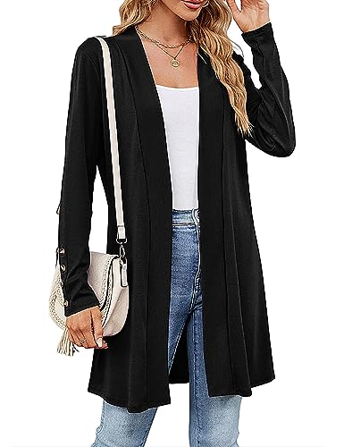 Heersan Damen Langarm-Strickjacke Cardigan Vorne Offen Solid Leicht Gestrickt Blazer Lange Freizeitjacke Festlich S-XXL Schwarz von Heersan