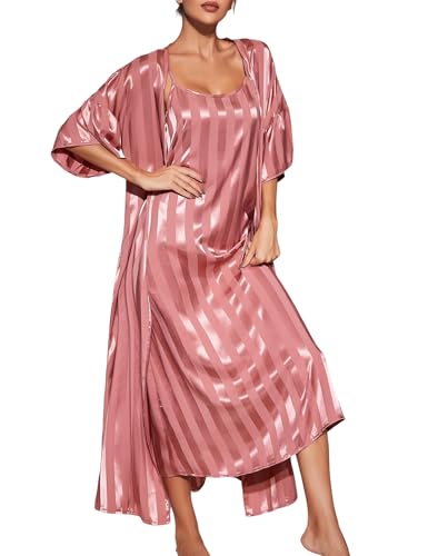 Heersan Damen Morgenmantel mit Nachthemd Zweiteiliger Satin Sexy Nachtwäsche Set Seiden Bademantel Lang Negligees Hochzeit 2er Pack Nachtkleid Frauen Verstellbarer Schultergurt von Heersan