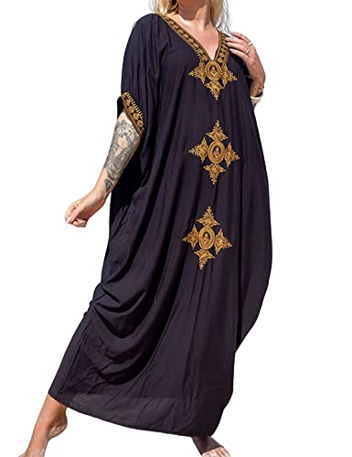 Heersan Kaftan Damen Lang, Boho Strandkleider Sommer Kleid, Casual Lose Überwurf Kaftan Maxikleid Loungewear Lose Robe Bikini Cover Up Sommerkleid für Urlaub und Strand von Heersan