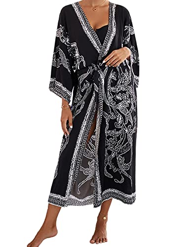 Kimono Damen Sommer, Boho Bikini Cover Up Cardigan Casual Lose Überwurf Lang Blumendruck Strandkleid Strickjacke Sommerkleid Oversized Mode Beachwear Bedecken von Heersan