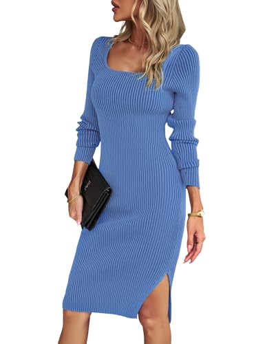 Heersan Elegant Strickkleid Damen mit Schlitz Figurbetontes Kleid Rippstrick Pulloverkleid Langes Herbst-Winterkleider Mit U Ausschnitt Party Kleid（S-XL von Heersan