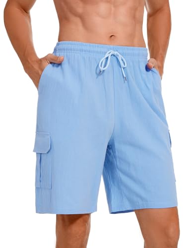 Heersan Herrenshorts Baumwolle Leinen Sommershorts Leicht Sommershorts Lockere Passform Kurz Freizeithose Bermuda Shorts Elastische Taille mit Taschen von Heersan