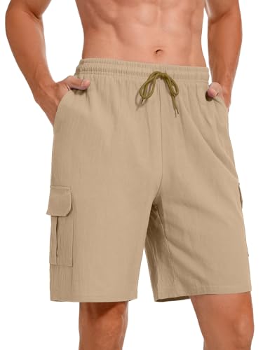 Heersan Herrenshorts Baumwolle Leinen Sommershorts Leicht Sommershorts Lockere Passform Kurz Freizeithose Bermuda Shorts Elastische Taille mit Taschen von Heersan