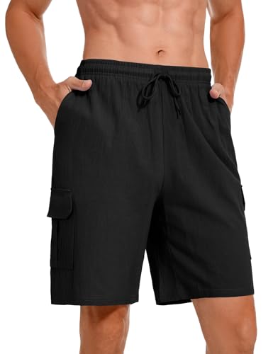 Heersan Herrenshorts Baumwolle Leinen Sommershorts Leicht Sommershorts Lockere Passform Kurz Freizeithose Bermuda Shorts Elastische Taille mit Taschen von Heersan