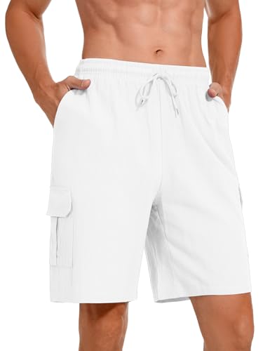 Heersan Herrenshorts Baumwolle Leinen Sommershorts Leicht Sommershorts Lockere Passform Kurz Freizeithose Bermuda Shorts Elastische Taille mit Taschen von Heersan