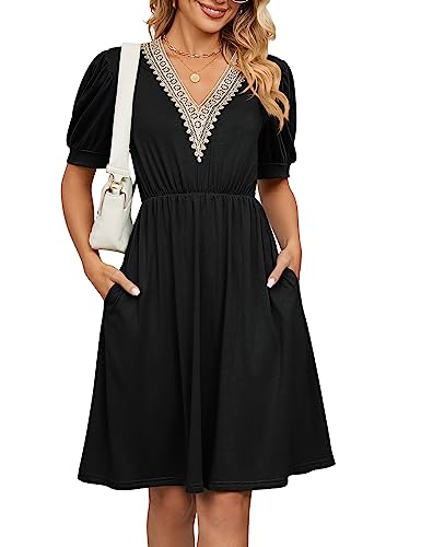Heersan Kleider Damen Boho Kurzarm Sommerkleid Hohe Taille Freizeitkleid V-Ausschnitt Freizeitkleid mit Taschen von Heersan