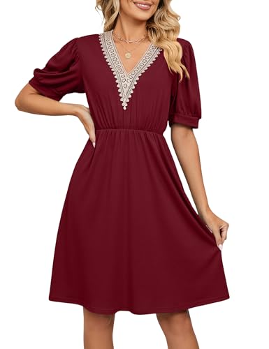 Heersan Kleider Damen Boho Kurzarm Sommerkleid Hohe Taille Freizeitkleid V-Ausschnitt Freizeitkleid mit Taschen von Heersan