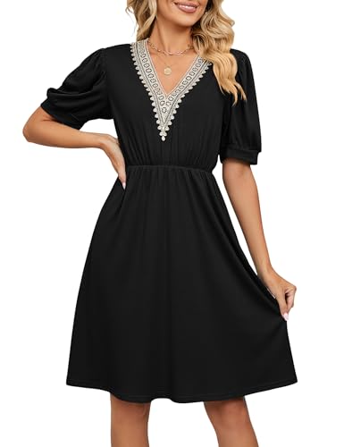 Heersan Kleider Damen Boho Kurzarm Sommerkleid Hohe Taille Freizeitkleid V-Ausschnitt Freizeitkleid mit Taschen von Heersan