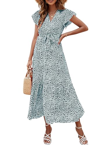 Heersan Maxikleid mit Blümchendruck Sommerkleid Damen Lang Boho Kleid Damen V Ausschnitt Wickelkleid Kurzarm Blumen Rüschen Freizeitkleider Sommer Strandkleid Mit Gürtel Strandkleid Damen von Heersan