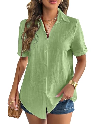 Heersan Musselin Bluse Damen Baumwolle Blusenshirt Kurzarm V Ausschnitt Damenblusen Sommer Oberteile Elegant Hemdbluse Tunika Shirt Freizeit Look von Heersan