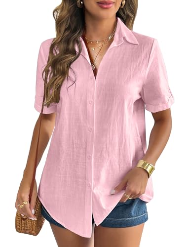 Heersan Musselin Bluse Damen Baumwolle Blusenshirt Kurzarm V Ausschnitt Damenblusen Sommer Oberteile Elegant Hemdbluse Tunika Shirt Freizeit Look von Heersan