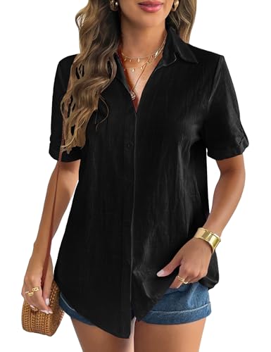 Heersan Musselin Bluse Damen Baumwolle Blusenshirt Kurzarm V Ausschnitt Damenblusen Sommer Oberteile Elegant Hemdbluse Tunika Shirt Freizeit Look von Heersan