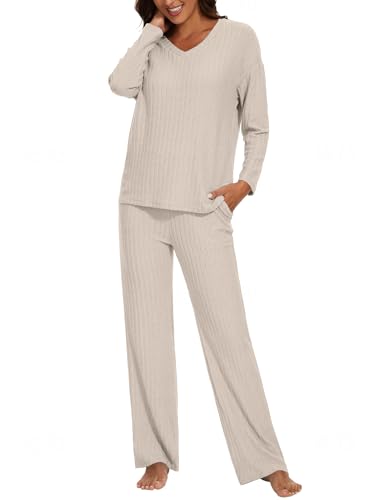 Schlafanzug Damen Lang Zweiteiler Nachtwäsche Warm Pyjama Set mit V-Ausschnitt Top und Hosen mit Taschen Mode Loungewear Frau Sleepwear Home Set Herbst- und Winterpyjamas XS-XL von Heersan