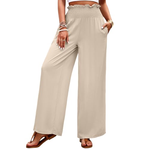 Heersan Sommerhose Damen Leicht mit Taschen Einfarbig Lose Gerade Geschnitten Palazzo Hose Hohe Taille Dehnbar Lounge Elegante Hose Damen Chiffon Hosen Weitem Bein von Heersan