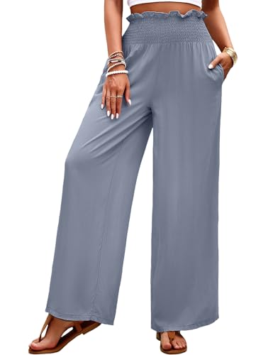 Heersan Sommerhose Damen Leicht mit Taschen Einfarbig Lose Gerade Geschnitten Palazzo Hose Hohe Taille Dehnbar Lounge Elegante Hose Damen Chiffon Hosen Weitem Bein von Heersan