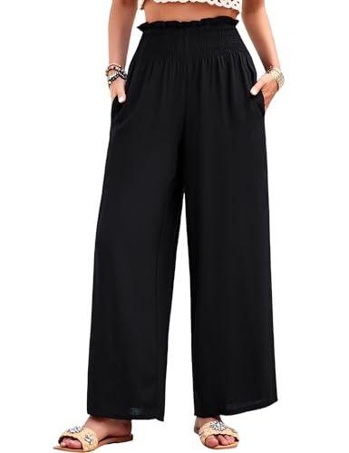 Heersan Sommerhose Damen Leicht mit Taschen Einfarbig Lose Gerade Geschnitten Palazzo Hose Hohe Taille Dehnbar Lounge Elegante Hose Damen Chiffon Hosen Weitem Bein von Heersan