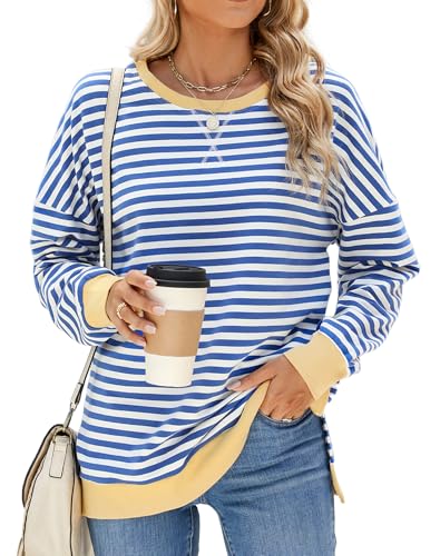 Heersan Sweatshirt Damen Oversize Langarm Bluse Streifen T-Shirts mit Rundhalsausschnitt Lässig Oberteil Locker Tops Y2k Pullover von Heersan