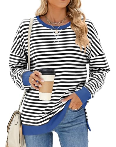 Heersan Sweatshirt Damen Oversize Langarm Bluse Streifen T-Shirts mit Rundhalsausschnitt Lässig Oberteil Locker Tops Y2k Pullover von Heersan