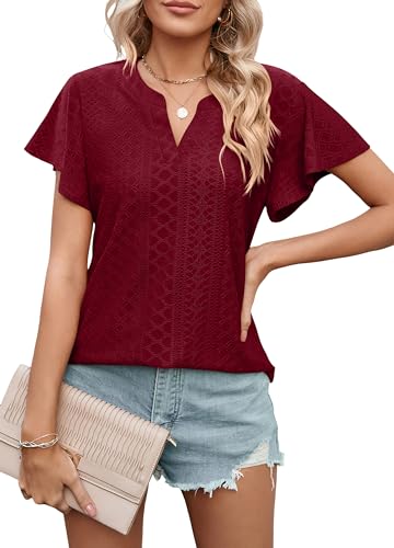 Heersan Tshirt Damen Kurzarm Bluse V Ausschnitt Musselin Casual Sommer Einfarbig Oberteile mit Rüschenärmeln Lässig Tunika für Damen von Heersan
