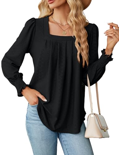 Heersan Tunika Damen Langarm T Shirt Elegante Shirts Musselin Bluse Lässige Casual Streetwear Oberteil Puffärmel Blusenshirt Basic Tops von Heersan