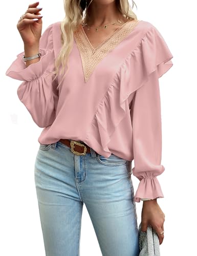 Heersan Tunika Damen V Ausschnitt T Shirt Boho Kleidung Damen Elegante Bluse Shirts Lässige Streetwear Langarm Oberteil Tops Chic Hemdbluse von Heersan