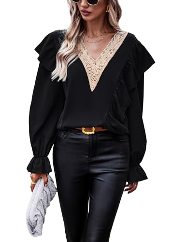 Heersan Tunika Damen V Ausschnitt T Shirt Boho Kleidung Damen Elegante Bluse Shirts Lässige Streetwear Langarm Oberteil Tops Chic Hemdbluse von Heersan