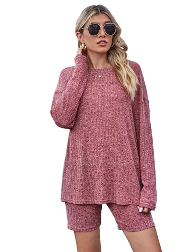 Zweiteiler Damen Pyjama Set Freizeit Set Einfarbig Loungewear Set Shorts und Frauen Rundhals Top Schlafanzug Sets Mode Outfit Damen Rippenstrick Set Home Set S-XXL von Heersan