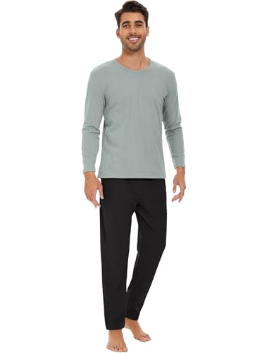 Heersan Zweiteiliger Schlafanzug Lang Set für Männer Schlafanzug Lang Baumwolle Herren Nightwear Set mit Crew-Neck Langarm Oberteil und Loungehose Pyjama Set Geschenke für Vater und Gefährte Pjs Set von Heersan