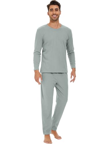 Heersan Zweiteiliger Schlafanzug Lang Set für Männer Schlafanzug Lang Baumwolle Herren Nightwear Set mit Crew-Neck Langarm Oberteil und Loungehose Pyjama Set Geschenke für Vater und Gefährte Pjs Set von Heersan