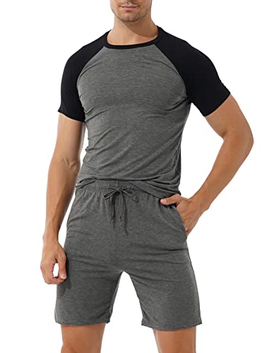 Schlafanzug Herren Kurz Kurzarm Nachtwäsche Nightwear Set Sommer Oberteile und Kurze Hosen Zweiteiliger Pyjama Set für Vater und Partner von Heersan
