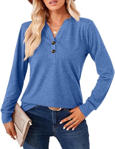 Langarmshirt für Damen Elegant T-Shirt Casual V-Ausschnitt Einfarbig Pullover Langarm Oberteil Damen Henleyshirt Tuniken Basic Tops mit Dekorative Button (S-XXL) von Heersan