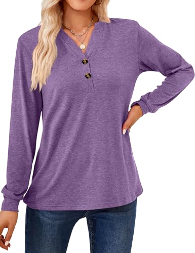 Langarmshirt für Damen Elegant T-Shirt Casual V-Ausschnitt Einfarbig Pullover Langarm Oberteil Damen Henleyshirt Tuniken Basic Tops mit Dekorative Button (S-XXL) von Heersan