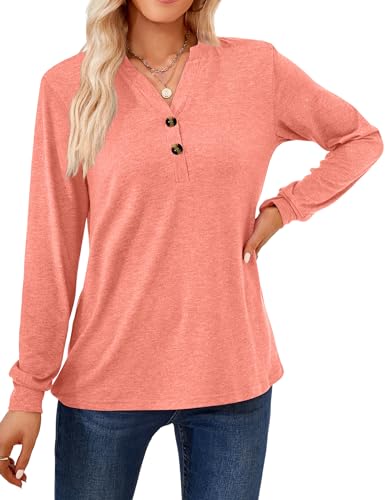 Langarmshirt für Damen Elegant T-Shirt Casual V-Ausschnitt Einfarbig Pullover Langarm Oberteil Damen Henleyshirt Tuniken Basic Tops mit Dekorative Button (S-XXL) von Heersan