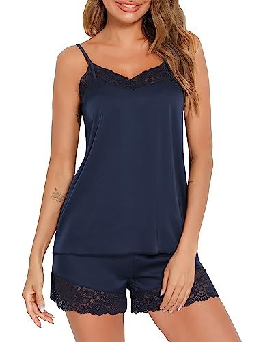 Satin Schlafanzug Damen Kurz Pyjama Kurzarm Sommer Nachtwäsche Set Zweiteiliger mit Sexy V-Ausschnitt Cami und Shorts Pyjamas Set Top Loungewear Sleepw Home Set von Heersan