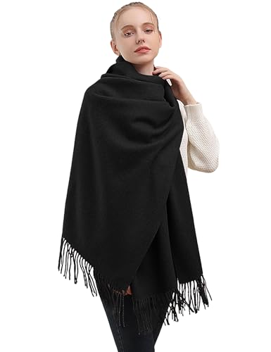 Schal Damen Schwarz Schasls mit Quasten/Fransen, Kuschelige Warme Elegante Schals Einfarbig Schals Pashmina für Damen Herbst Winter 200 x 68cm Kaschmir Gefühl von Heersan