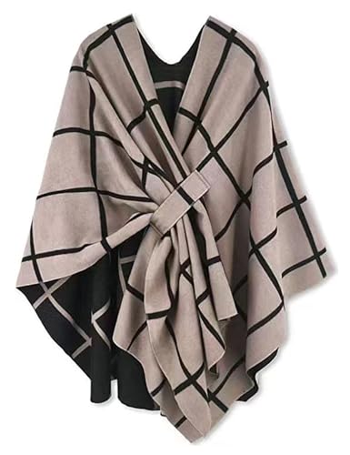 Schal für Damen Poncho Elegant Umhang Cardigan mit Bindegürtel Klassischer karierter Schals Kreativer Mantel Herbst Winter Festliche Geschenke für Mädchen von Heersan