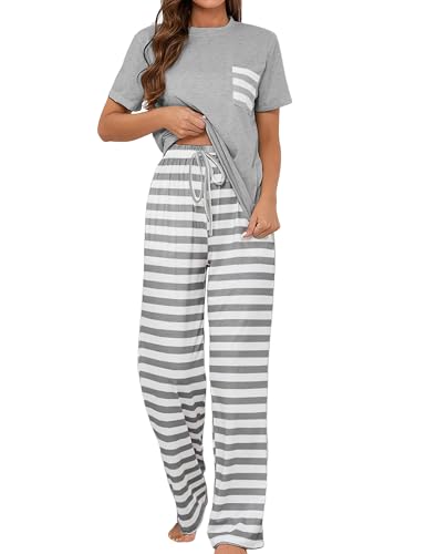Schlafanzug Damen Baumwolle Pyjama Set Kurzarm/Lange Ärmel Nachtwäsche Zweiteiliger Sleepwear Soft Loungewear Hausanzug mit Gestreifte Hose S-XXL von Heersan